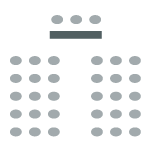 5 rows of 8 chairs, having 4 chairs on each side of a center aisle. Table and chairs at front