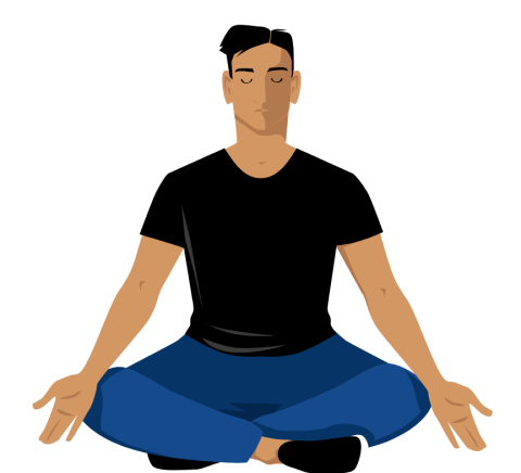 Graphic of man with short black hair sitting cross legged with hands on knees facing outward wearing a black t-shirt, blue pants, and  black no-show socks