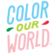 The words Color Our World one on top of the other on a white background in pastel blue, lime green, and pastel pink, respectively. The word Our is emphasized with a kelly green mark on one side, and a deep pink on the other.