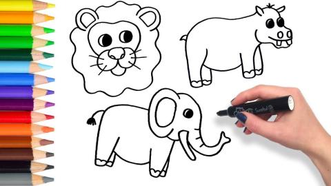 a hand drawing several animals 