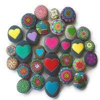 a group of brightly painted rocks
