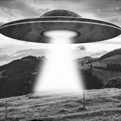 UFO in field black and white