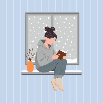 Woman reading on window seat